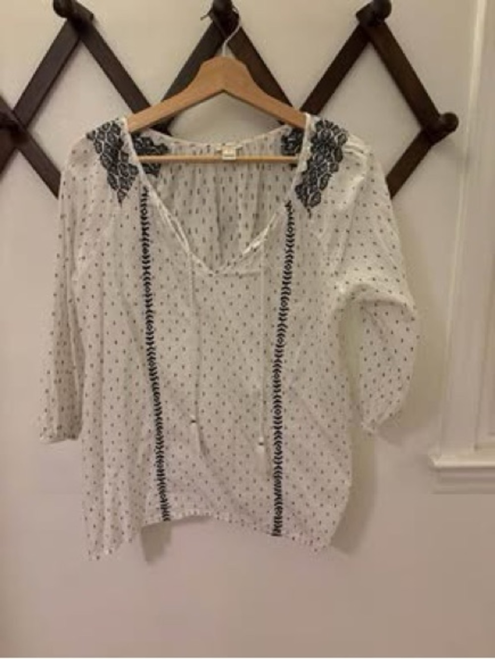 J. Crew White Peasant Blouse with Navy Embroidery